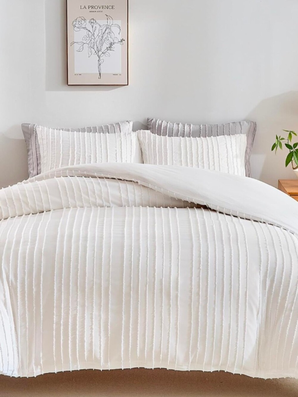 White Duvet Cover King Size, Striped Textured Tufted 3-piece Bedding Set-New